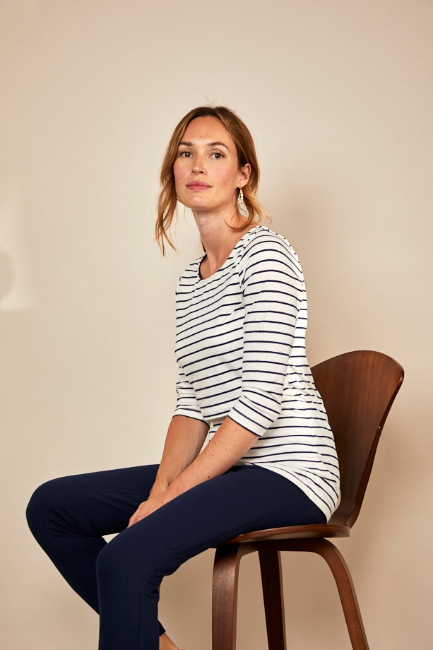 Bshirt Nursing 3/4TH Sleeve T-shirt in White/Navy Stripes