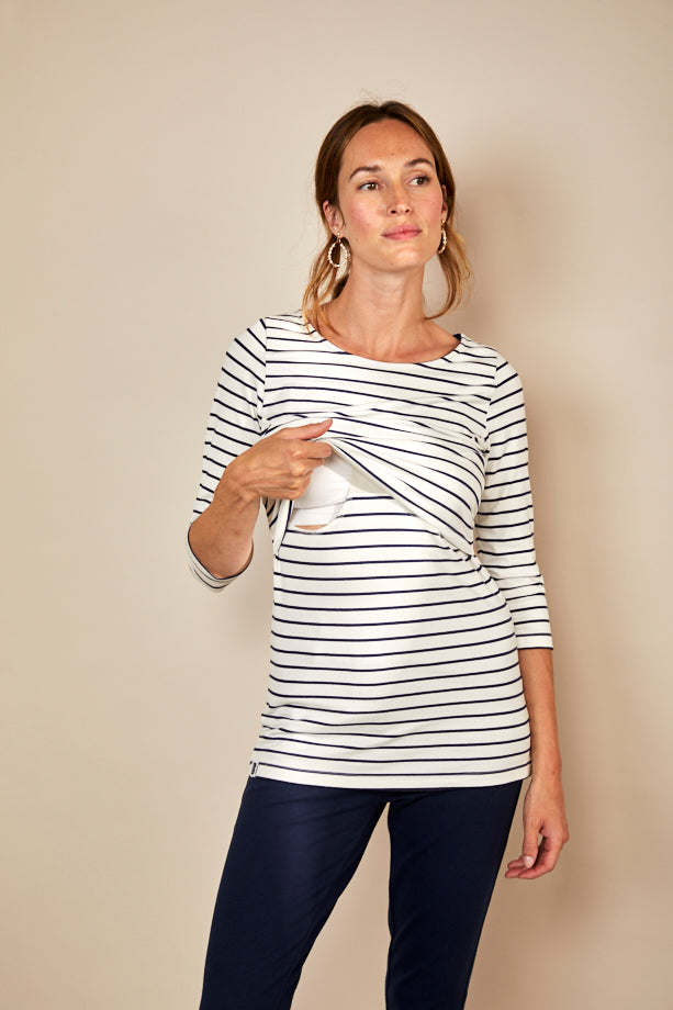 Bshirt Nursing 3/4TH Sleeve T-shirt in White/Navy Stripes