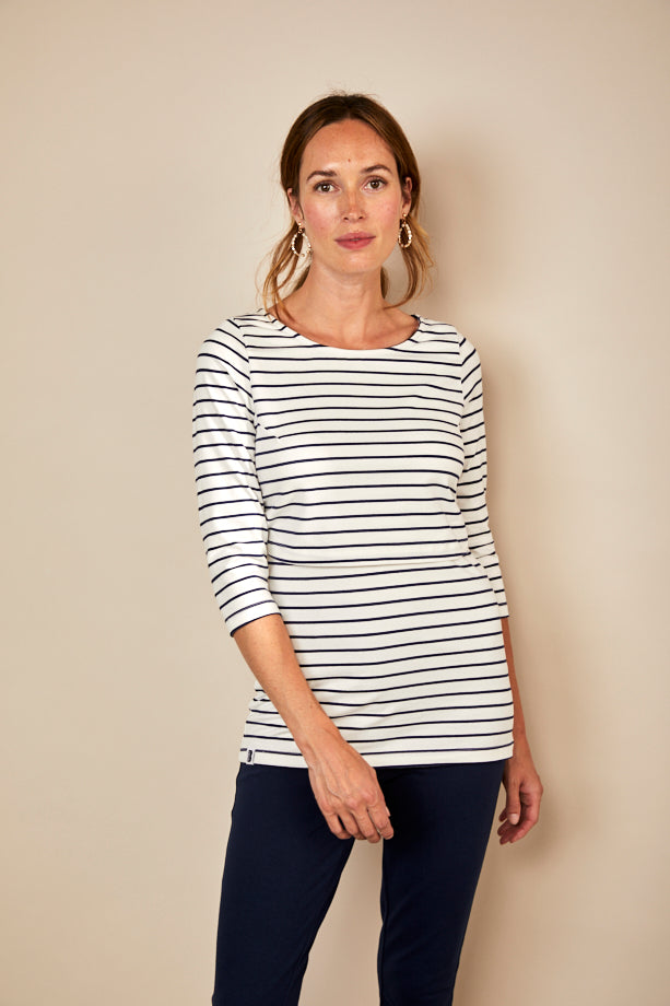 Bshirt Nursing 3/4TH Sleeve T-shirt in White/Navy Stripes