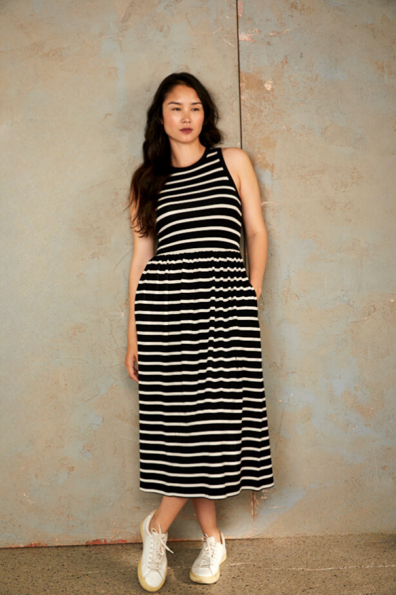 Bshirt Women's Racer Back Gathered Dress in Black and White Stripes