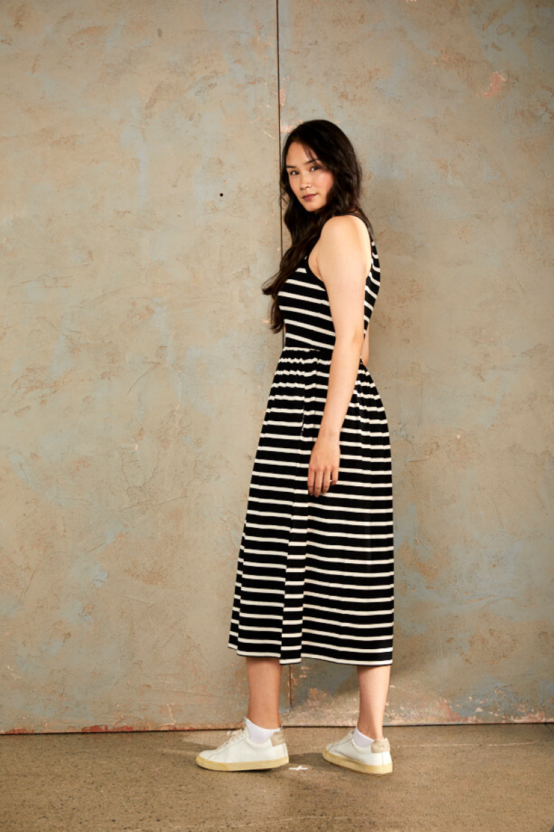 Bshirt Women's Racer Back Gathered Dress in Black and White Stripes