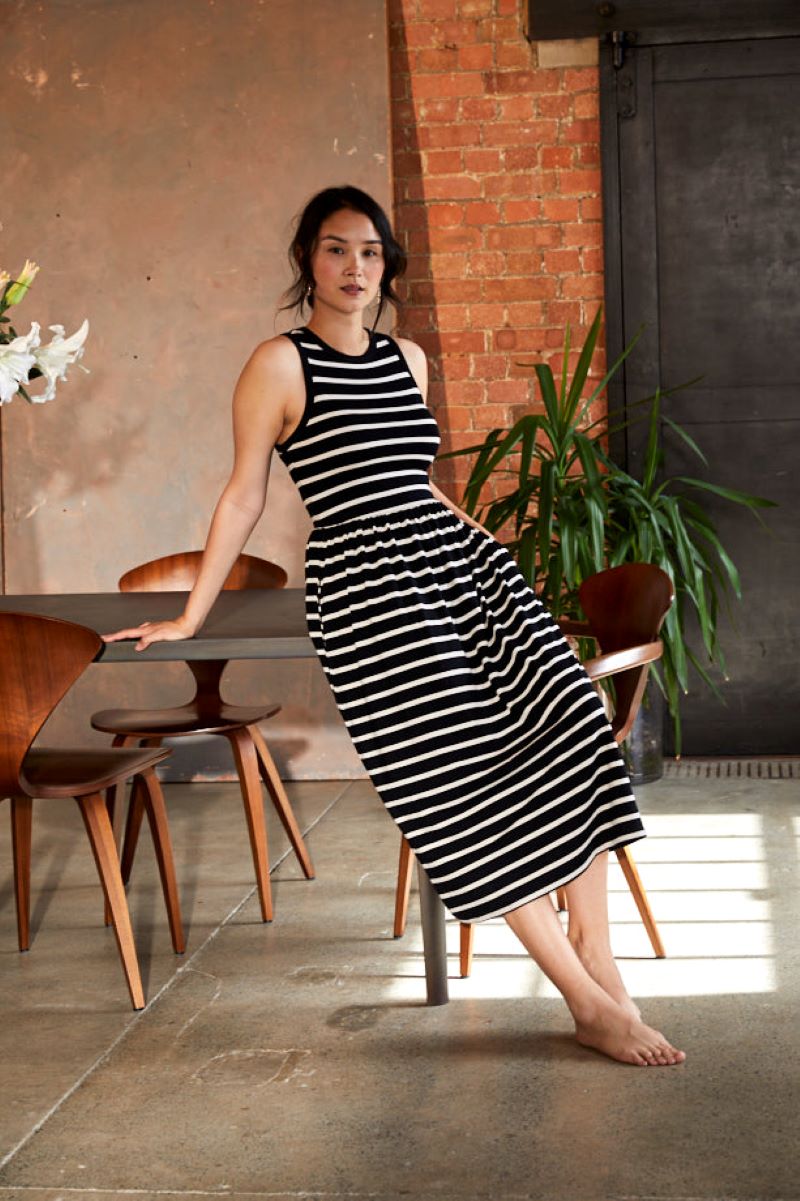 Bshirt Women's Racer Back Gathered Dress in Black and White Stripes